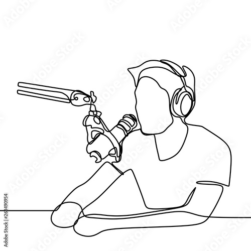 Continuous line drawing of podcast recording. A man record his voice with microphone.