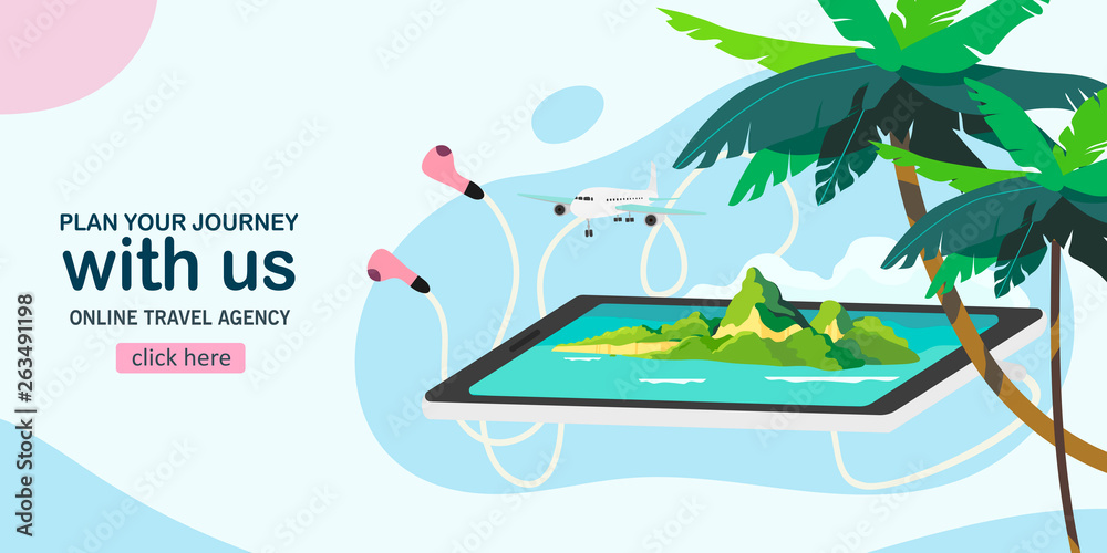 Creative concept of a landing page,flyer or blog post for travel agency or tour operator. Flat isometric vector illustration of an exotic island in a smatrphone, palm trees and a plane.  