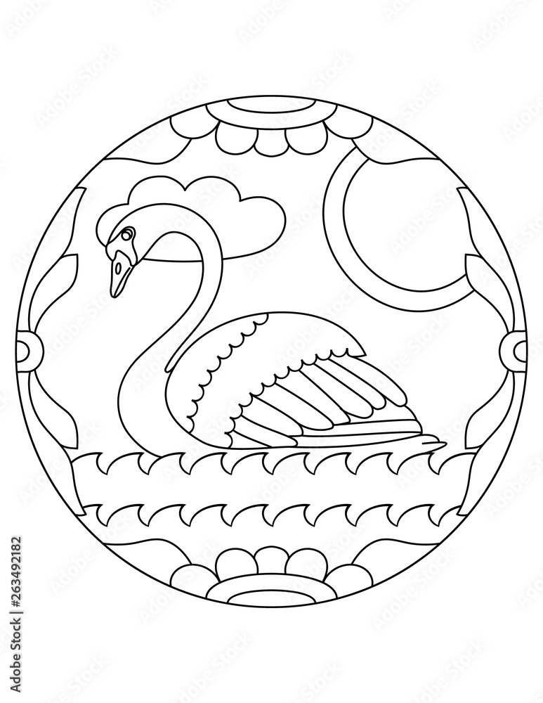 Pattern with swan. Illustration with a swan. Mandala with an animal. Swan in a circular frame ...
