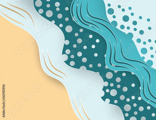 Creative illustration summer concept. Abstract paper art background with top view sea wave and beach paper cut style.