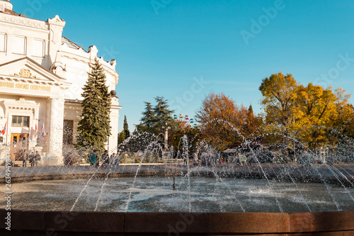 SEBASTOPOL, CRIMEA, RUSSIA - SEPTEMBER 18,2014: Beautiful upper fountain in front of the building of the Sevastopol defense in front of the panorama on the Central square of the Historic Boulevard.