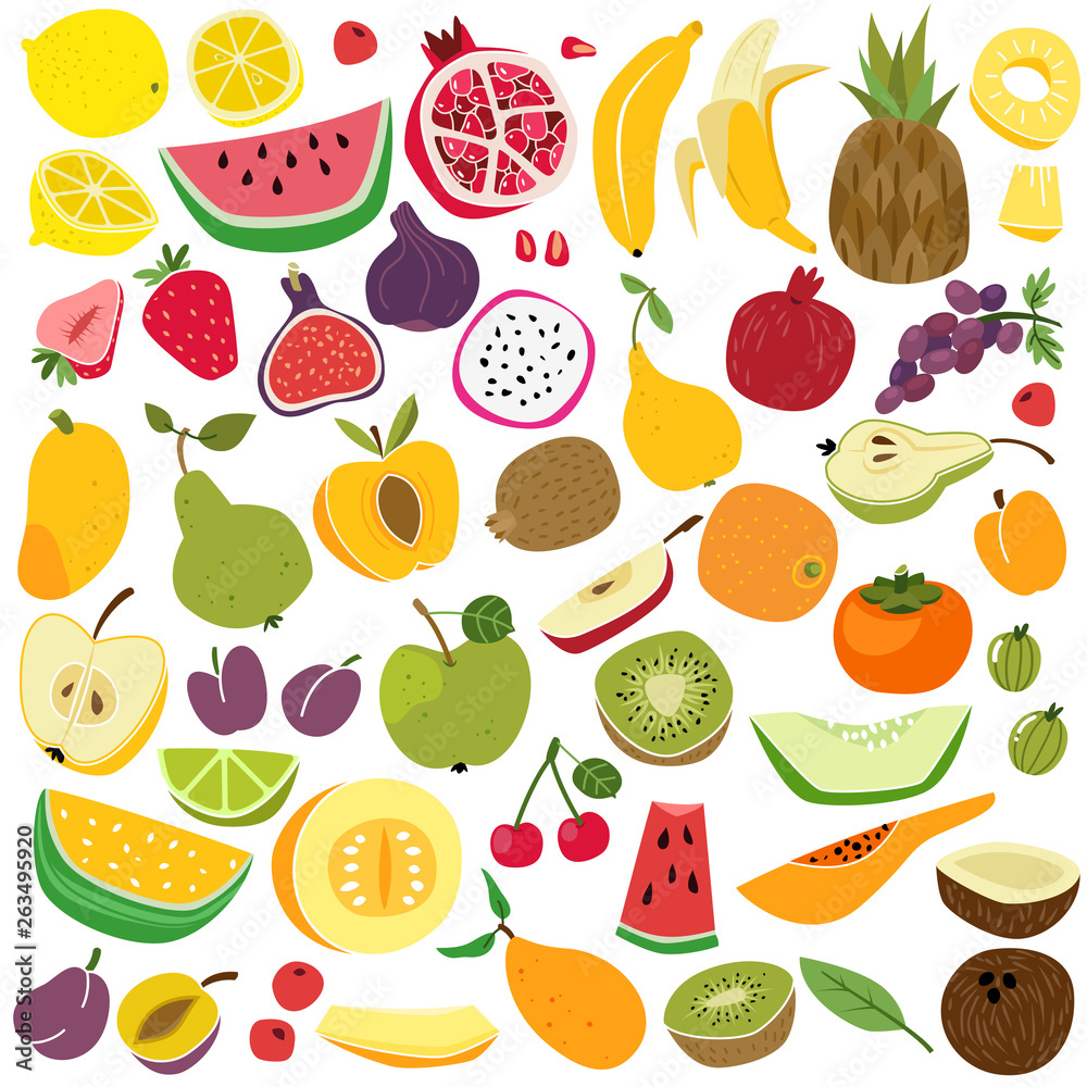 Fruits set. Cute fruit lemon watermelon banana pineapple apple pear strawberry fresh colorful funny kids food summer cartoon vector Fruits set. Cute fruit lemon watermelon banana pineapple apple pear strawberry fresh colorful funny kids food summer cartoon vector