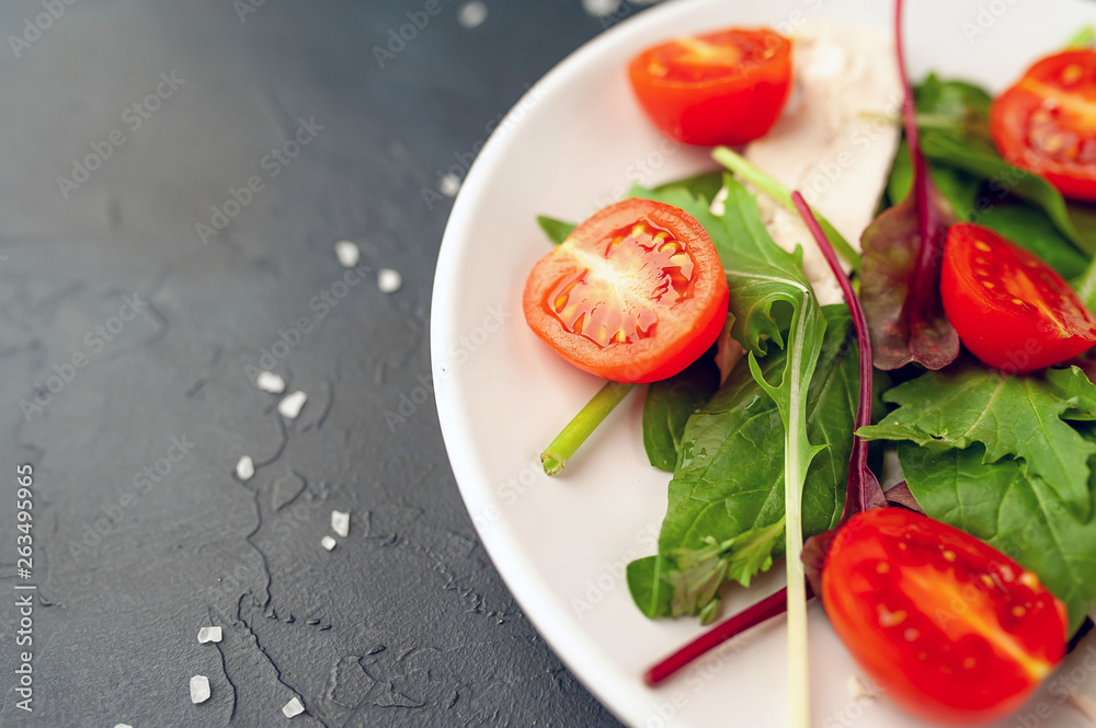 Mix fresh leaves of arugula, lettuce, spinach, tomato and chicken fillet for salad, on a white plate on a stone background with copy space for your text Mix fresh leaves of arugula, lettuce, spinach, tomato and chicken fillet for salad, on a white plate on a stone background with copy space for your text