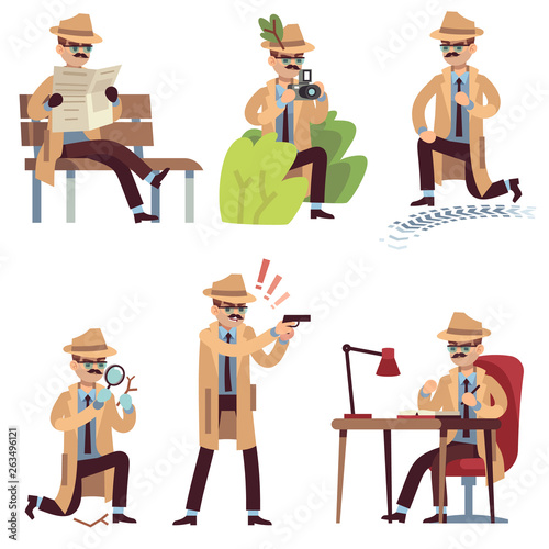 Cartoon detective. Character spy looking eyes magnifier private agent disclose case search crime surveillance detect, vector set