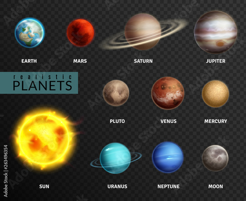 Realistic planets. Solar system planet space universe galaxy sun moon saturn mercury jupiter venus comet uranus pluto, vector isolated