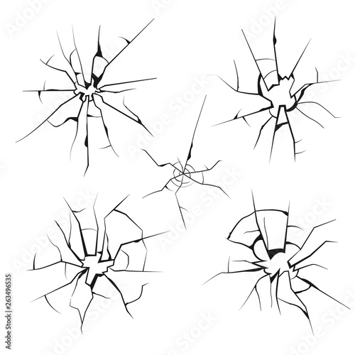 Broken glass silhouettes. Crushed ice crack smash window damage windshield hole destruction mirror shattered glassy texture vector set