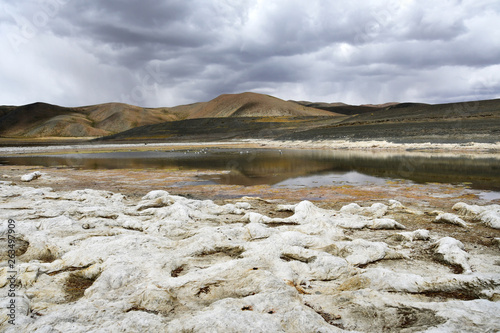 The store of the saline triangular lake in the South-Western coast of the lake Rakshas Tal, Tibet photo