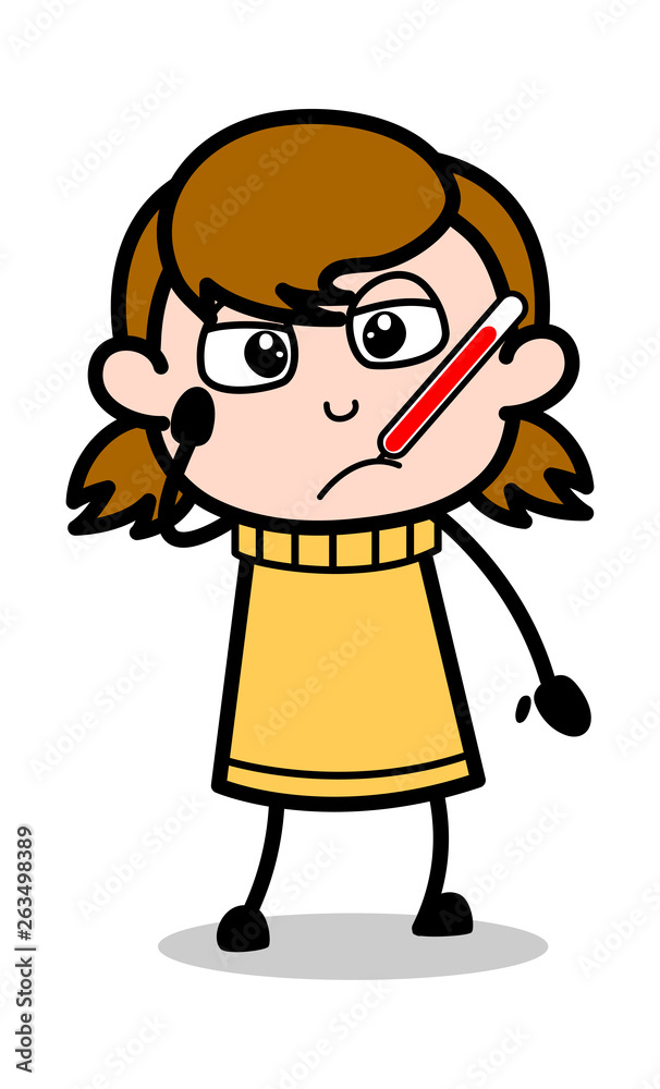 Thermometer in Mouth - Retro Cartoon Girl Teen Vector Illustration