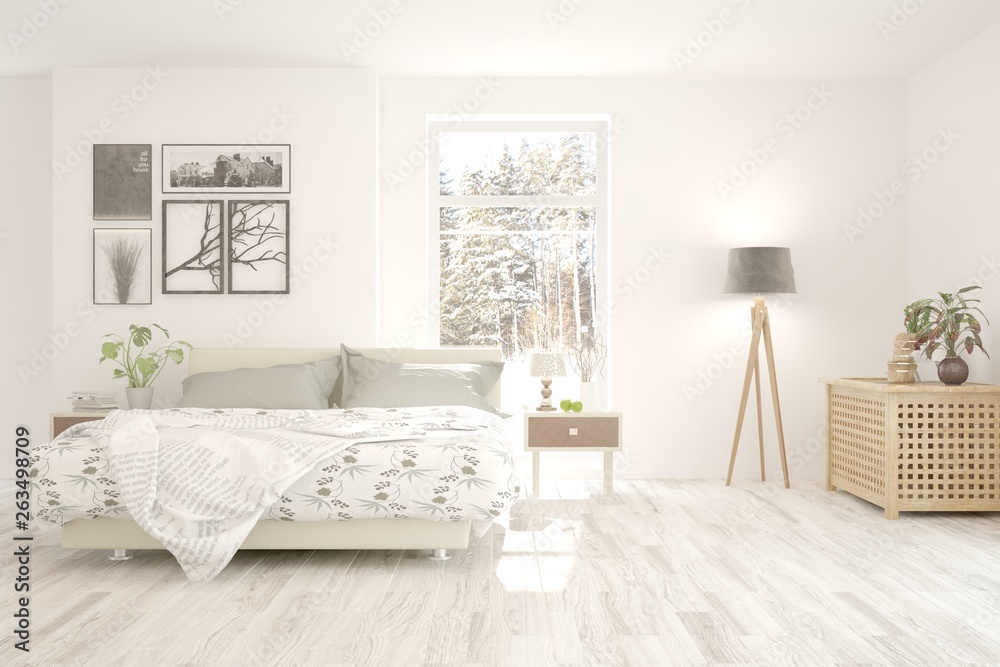 Fototapeta premium Stylish bedroom in white color with winter landscape in window. Scandinavian interior design. 3D illustration