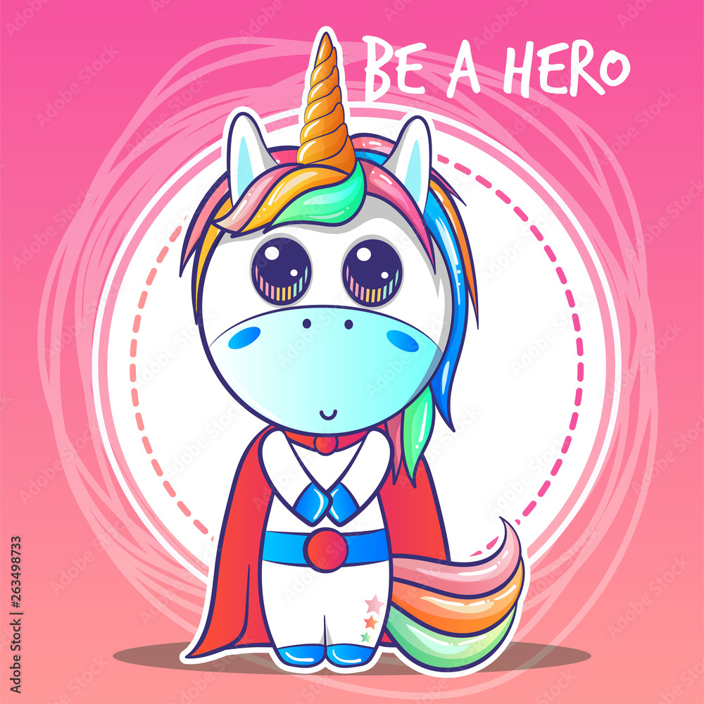 cute hero unicorn cartoon. Can be used for baby t-shirt print, fashion print design, kids wear, baby shower celebration greeting and invitation card. - Vector