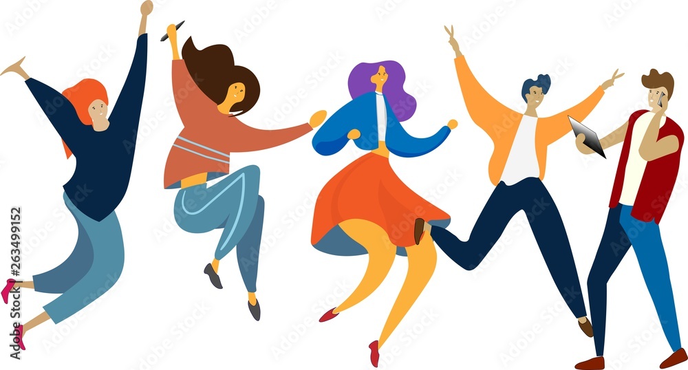 Happy Jumping group of people. Healthy lifestyle, Friendship, Success, celebrating victory concept. Vector illustration