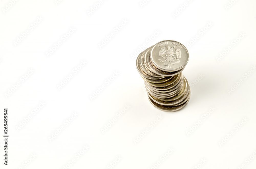 stacks of metal ruble coins on white background stacks of metal ruble coins on white background
