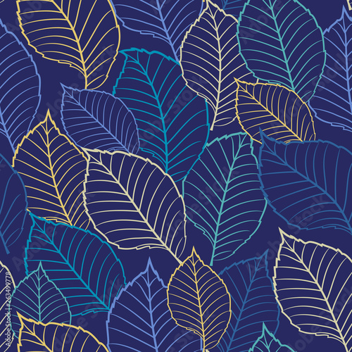 Seamless vector floral pattern with abstract outline tree leaves in blue, white, yellow colors. Colorful endless background in retro style