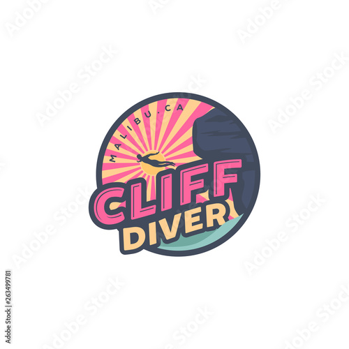 cliff diving on the beach logo designs, palm and ocean view