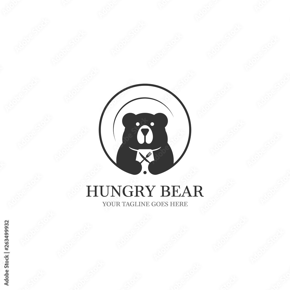 hungry bear logo designs with platen on the background and food equipment on negative space