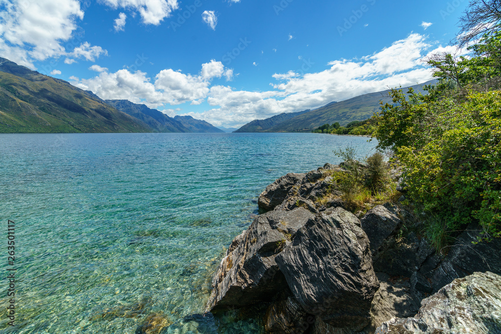 mountains at lake wakatipu on a sunny day, otago, southern alps, new zealand 4 mountains at lake wakatipu on a sunny day, otago, southern alps, new zealand 4