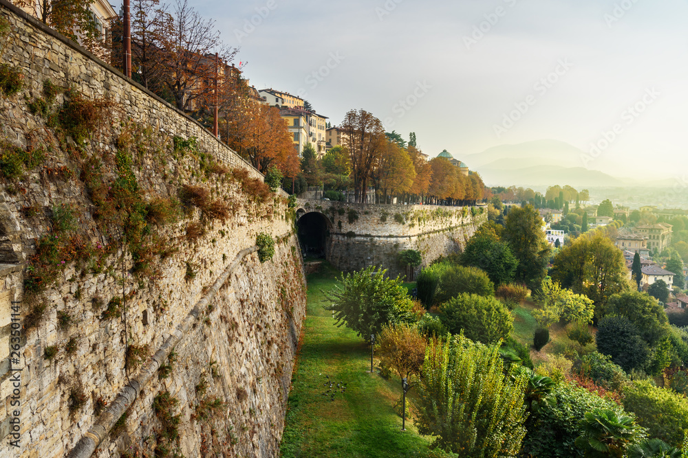 View of Bergamo with Sant Andrea platform of Venetian Walls at morning. Italy
