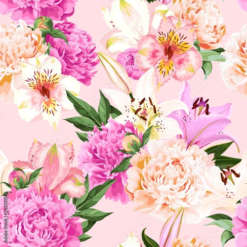 Seamless pattern with pink and white flowers