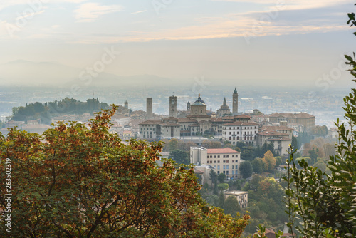 View of Bergamo Old City from Saint Vigilio hill in morning. Italy