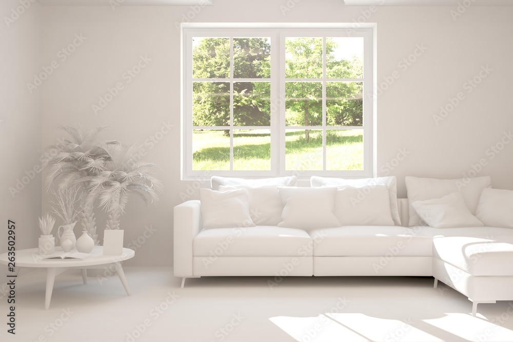 Mock up of stylish room in white color with sofa and green landscape in window. Scandinavian interior design. 3D illustration Mock up of stylish room in white color with sofa and green landscape in window. Scandinavian interior design. 3D illustration