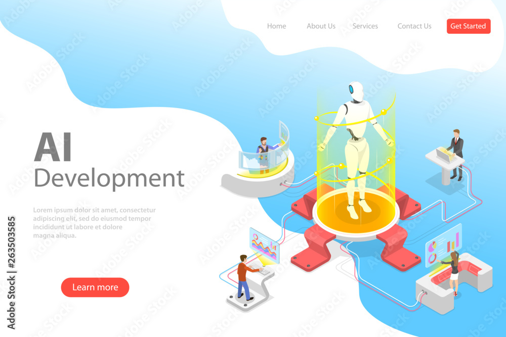 Flat isometric vector landing page template of AI development, robot ...