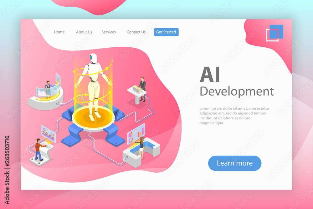 Flat isometric vector landing page template of AI development, robot and human cooperation, artificial intelligence, rpa, iot. Flat isometric vector landing page template of AI development, robot and human cooperation, artificial intelligence, rpa, iot.
