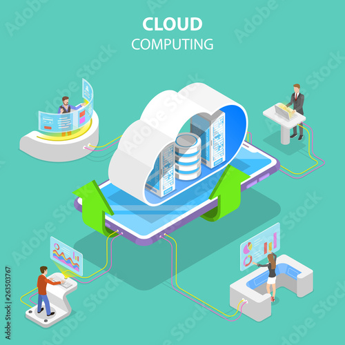 Isometric flat vector concept of cloud computing technology, data storage and hosting, big data.