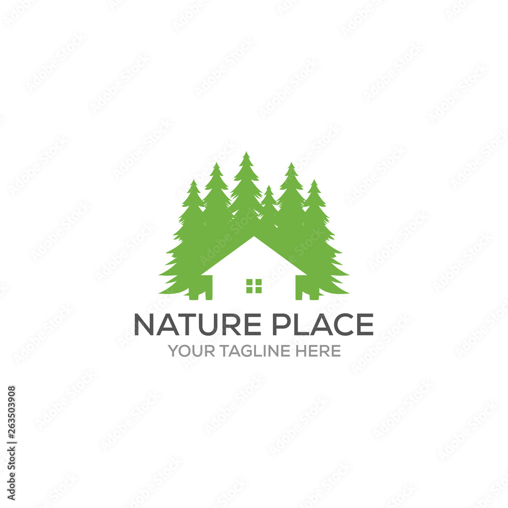 Vector logo design template of pine trees and house that made from a simple scratch. it's good for symbolize a property or housing business
