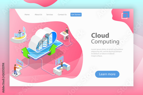 Isometric flat vector landing page template of cloud computing technology, data storage and hosting, big data.
