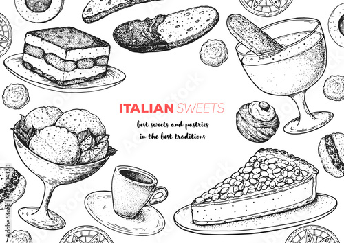 Italian dessert vector illustration. Italian sweet hand drawn sketch. Baking collection Vintage design template. Tiramisu, gelato, torta della nonna, zabaglione, biscotti, zeppole, sfinci illustration