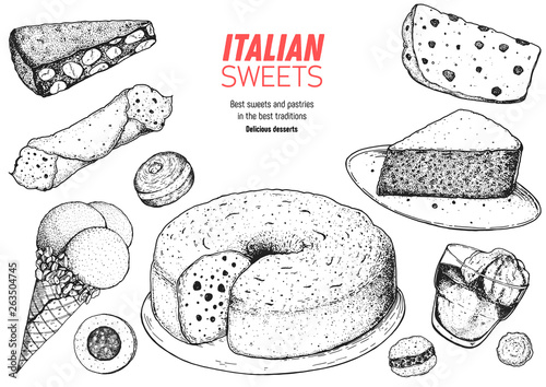 Italian dessert vector illustration. Italian sweet hand drawn sketch. Baking collection. Vintage design template. Panforte, cannoli, bombolone, ciambellone, affogato, torta caprese, panettone sketch.