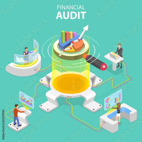 Flat isometric vector concept of financial audit service, tax examination report, planning and accounting.