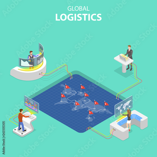 Flat isometric vector concept of global logistics, worldwide freight shipping, fast delivery.