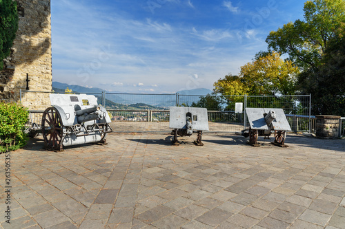 Historic cannons in pubblic park Rocca di Bergamo in Upper Town Citta Alta. Bergamo. Italy photo