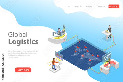 Flat isometric vector landing page template of global logistics, worldwide freight shipping, fast delivery.