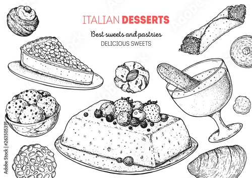 Italian dessert vector illustration. Italian sweet hand drawn sketch. Baking collection Vintage design template. Torta della gonna, struffoli, pignoli, semifreddo, zabaglione, cannoli, amaretti sketch