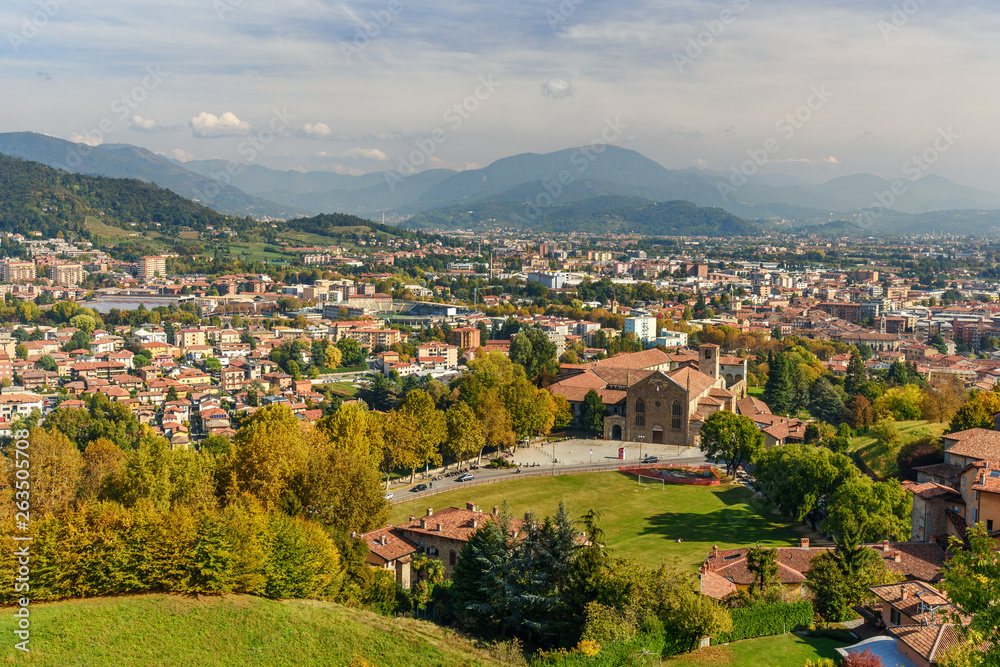 View of Bergamo from Rocca di Bergamo fortress in Upper Town Citta Alta. Italy