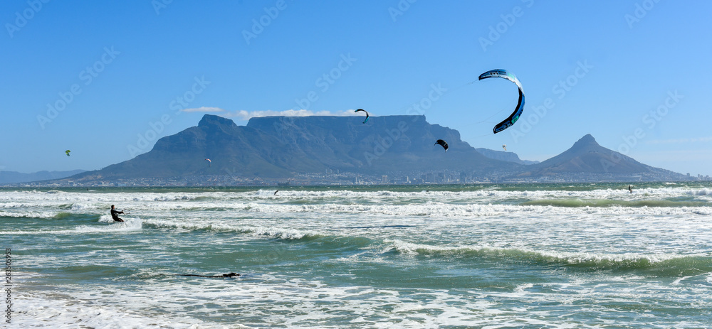 Fototapeta premium Kite surfing is a popular sports in Cape Town Beaches, South Africa