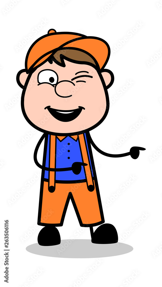 Winking Eye and Pointing Finger - Retro Cartoon Carpenter Worker Vector Illustration﻿