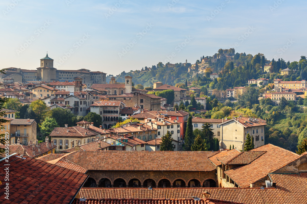 View of Bergamo from Rocca di Bergamo fortress in Upper Town Citta Alta. Italy