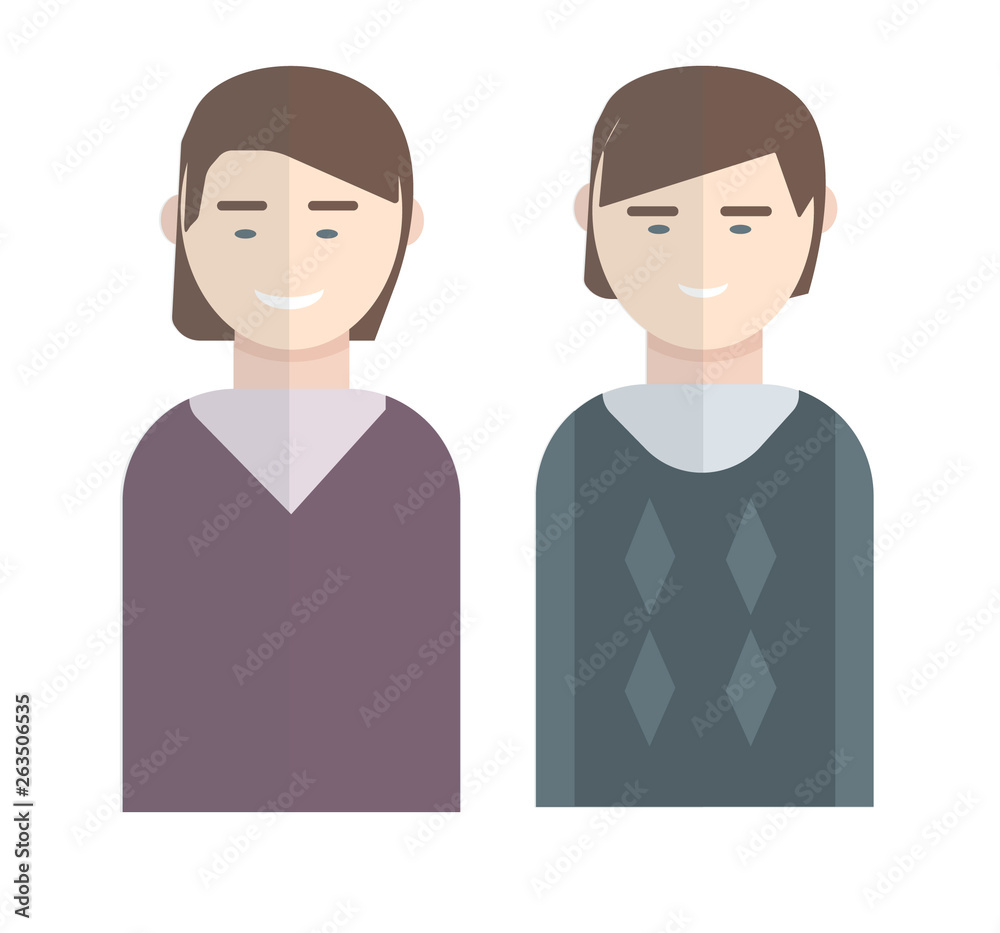 Two person flat icon. Man and woman isolated on white background. Couple avatar characters icons Two person flat icon. Man and woman isolated on white background. Couple avatar characters icons