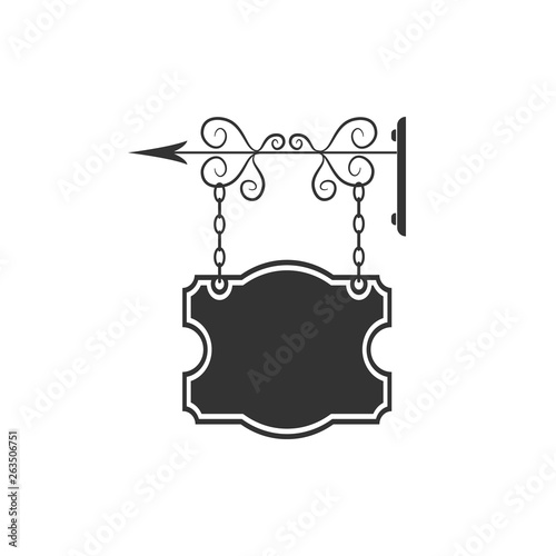 Vintage street signboard hanging on forged brackets icon isolated. Retro graphic forged signboard. Suitable for advertisements bar, cafe, pub, restaurant. Vector Illustration
