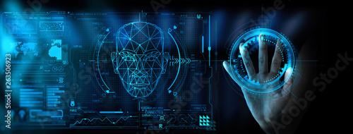 Obraz na płótnie Hand touching UI for Unlocking with face identification. Facial recognition concept. w salonie