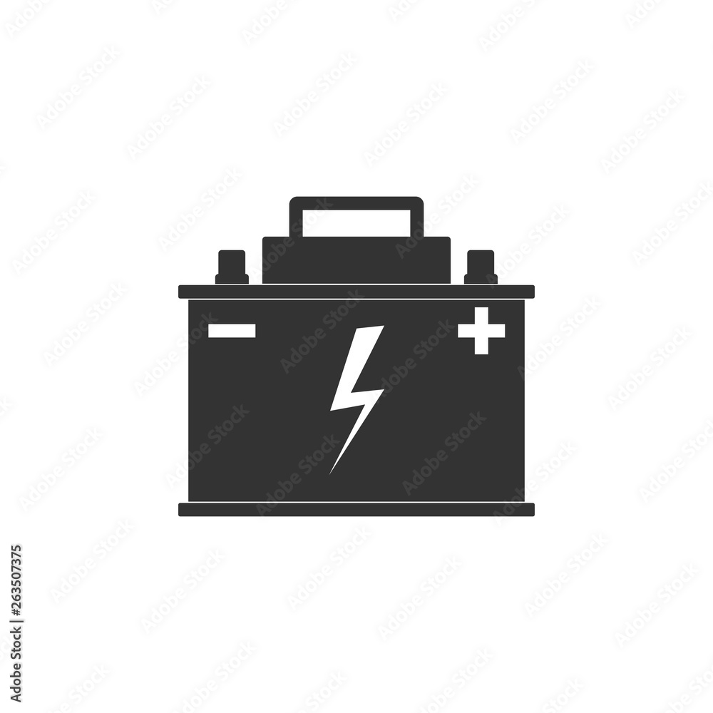 Car battery icon isolated. Accumulator battery energy power and electricity accumulator battery. Lightning bolt symbol. Flat design. Vector Illustration Car battery icon isolated. Accumulator battery energy power and electricity accumulator battery. Lightning bolt symbol. Flat design. Vector Illustration