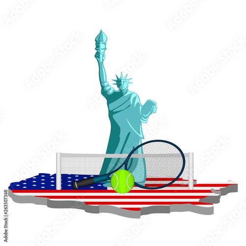 Statue of liberty with tennis objects on a map of United States