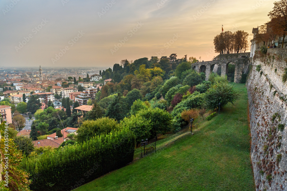 View of Bergamo from Sant Andrea platform at sunset. Italy