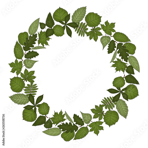 Vector wreath of leaves. Hand drawn cartoon style illustration. Cute frame for wedding, holiday or card design