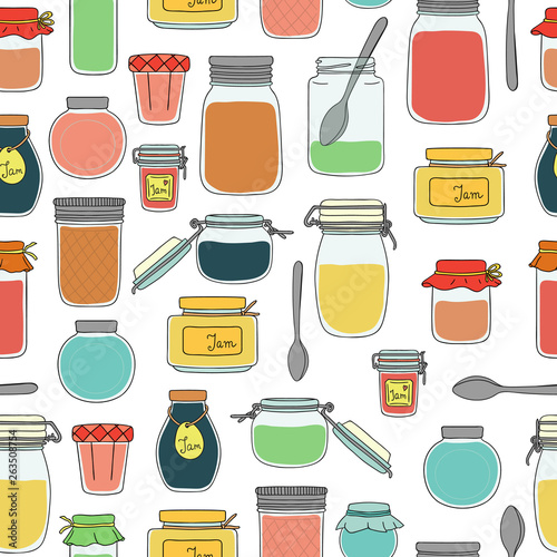 Vector seamless pattern of colored jam jars. Colorful vintage repeat background with preserved food in pots.