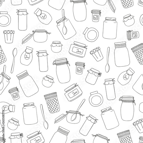 Vector seamless pattern of black and white jam jars. Monochrome  repeat background with preserved food in pots.