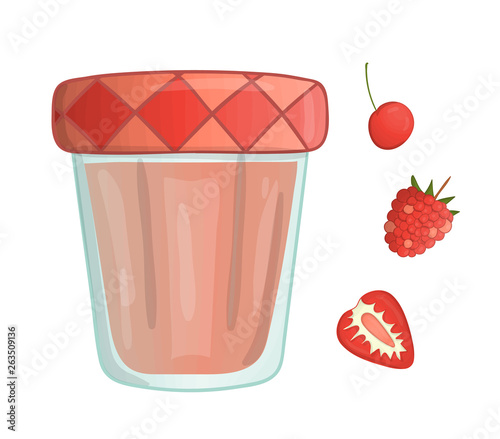 Vector illustration of colored jar with berry jam. Raspberry, strawberry, cherry, pot with marmalade isolated on white background. Watercolor effect.